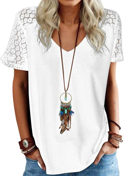 Women'S Lace Short Sleeve V Neck Shirts Loose Fitting T Shirt Solid Trendy Casual Tee Tops for Spring Summer White