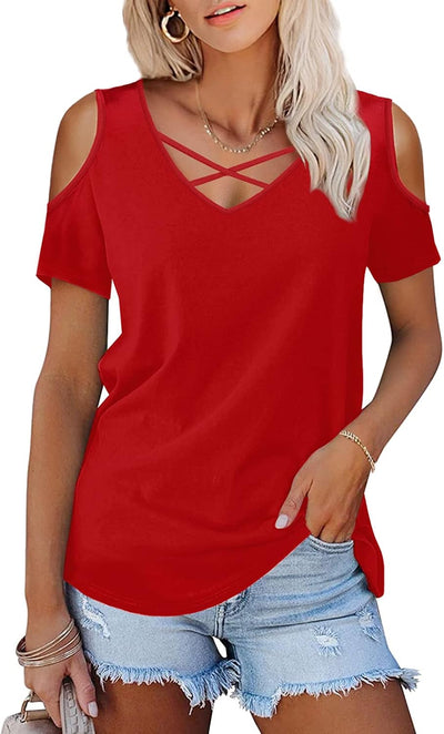 Womens Summer Shirts V Neck Criss Cross Cold Shoulder Tops Blouse