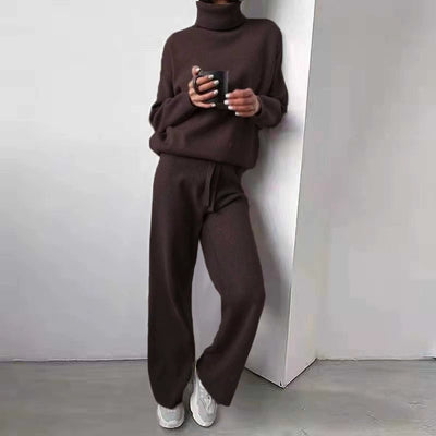 Autumn Winter Women 2 Pieces Set Turtleneck Knitted Sweater Fashion Solid Casual Lace up Trousers Suit Keep Warm Soft Outfit