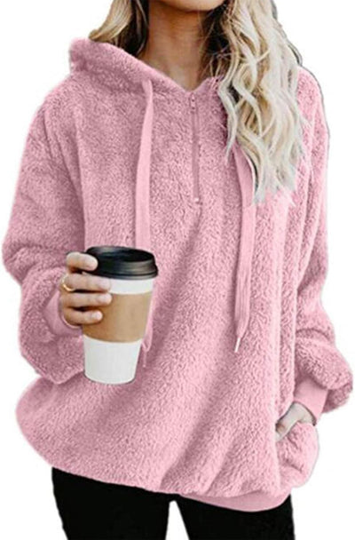 Women'S Sherpa Sweatshirt Hoodie Quarter Zipper Pullover Casual Fuzzy Fleece Long Sleeve Coats Sweatshirts Solid Pink XL