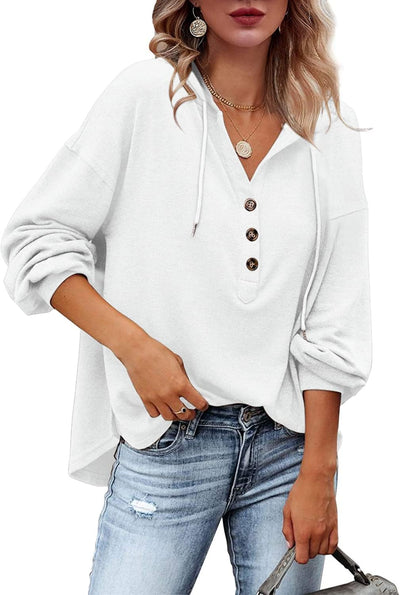 Womens plus Size Hoodie V Neck Long Sleeve Button down Drawstring Sweatshirtsenley Shirt Tops Tunics Blouses White Large