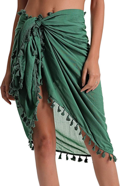 Beach Sarong Pareo Womens Semi-Sheer Swimwear Cover Ups Short Skirt with Tassels