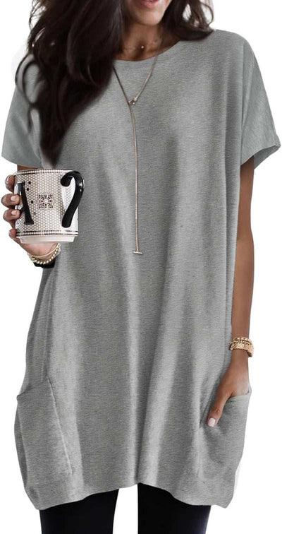 Women'S Summer Casual Crewneck T-Shirt, Loose Fit Solid Color Short Sleeve Long Tunic Top, Oversized with Pockets (2XL, Grey)