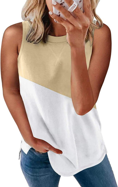 Womens Sleeveless Tank Top Crewneck Casual Loose Tunic Shirt Summer Color Block Workout Camis Tee Blouse(Khaki,2Xl)