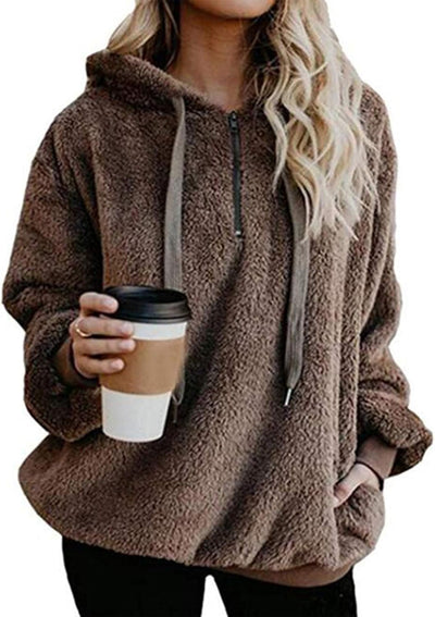 Women'S Sherpa Sweatshirt Hoodie Quarter Zipper Pullover Casual Fuzzy Fleece Long Sleeve Coats Sweatshirts Solid Brown M