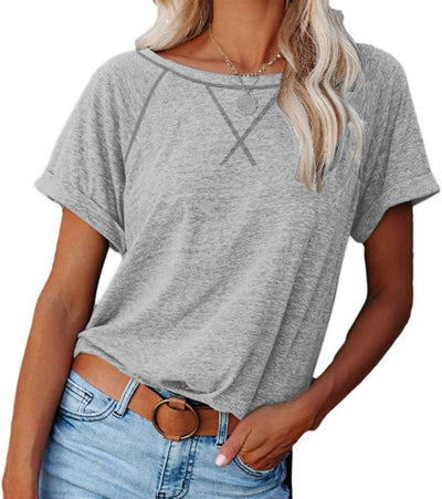 Womens Summer Casual T-Shirts Ring Hole V Neck Petal Short Sleeve Tops Loose Comfy Tunic Tops