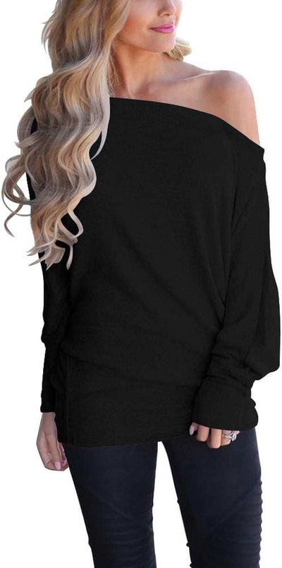 Womens off Shoulder Long Sleeve Loose Pullover Sweater Batwing Oversized Shirts Tunic Tops Black Large