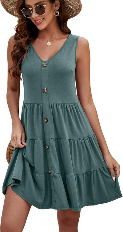 Women'S Button Front Dress Summer Sleeveless V-Neck Pleated Swing Dresses