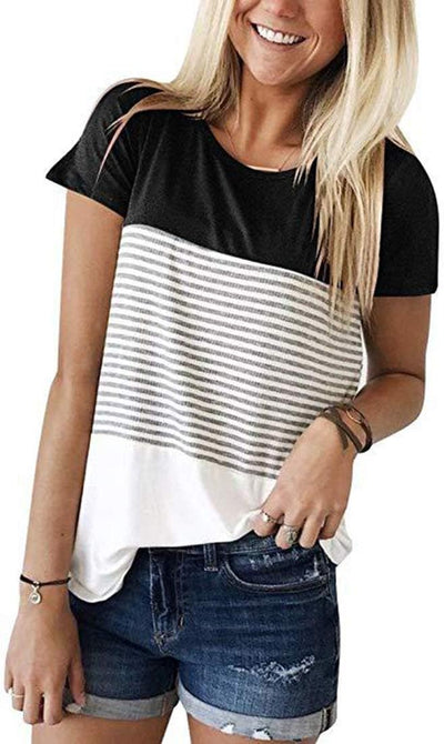 Womens Summer Color Block Striped T-Shirt Short Sleeve Loose Tunic Blouse and Tops