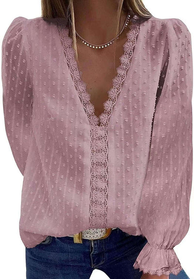 Women'S V Neck Lace Crochet Tops Casual Loose Long Sleeve Swiss Dot Tops Tunic Shirts Blouses