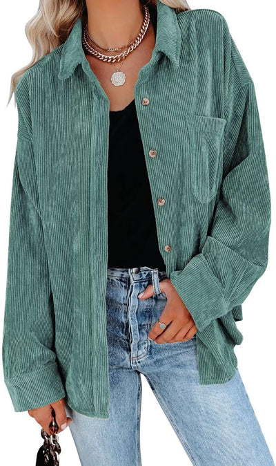 Womens Corduroy Shirt Casual Long Sleeve Button down Jacket Fall Oversized Blouses Tops 2024