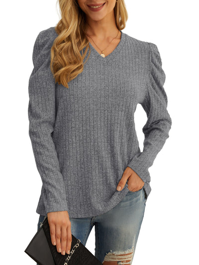 Long Sleeve Shirts for Women V Neck Casual Tunic Tops Lightweight Pullover Dark Gray-X-Large