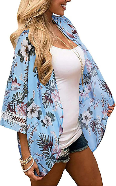 Womens Cover Ups Chiffon Cardigan Floral Kimono Loose Blouse Sun Protection Shirt Beach Rash Guards