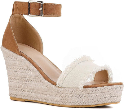 Women'S Wedge Sandals Platform Ankle Strap Espadrille Wedge Open Toe Sandals Beige Canvas Size 9