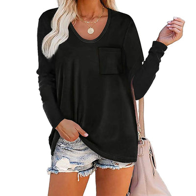 Women'S Long Sleeve Crewneck Shirts Black Loose Casual Tee T-Shirt Tops with Pocket Womens Fall Fashion 2024