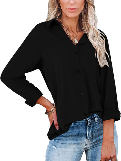 Womens V Neck Button down Shirts Long Sleeve Blouse Business Casual Work Plain Tops