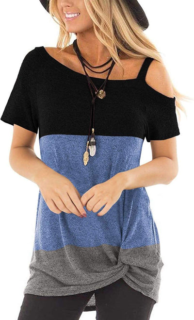 Women Cold Shoulder Tops: Summer Short Sleeve Shirts Casual Twist Knot Blouse T-Shirt S-2XL